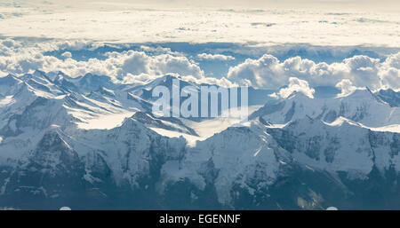 Aerial view of the mountains Eiger, Mönch and Jungfrau and the Great Aletsch Glacier at the back, Bernese Alps, Switzerland Stock Photo
