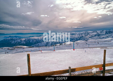 Picturesque view of piste in Valle Nevado under gloomy grey sky Stock Photo