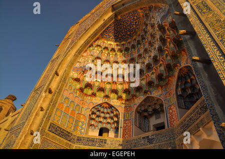 Side-view of the intricate wood carvings in Abdulaziz Khan Madrassah (Museum of Wood Carving Art), Uzbekistan Stock Photo