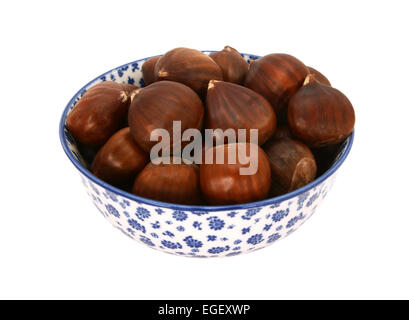 Sweet chestnuts in shells, in a blue and white porcelain bowl with a floral design, isolated on a white background Stock Photo