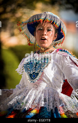 Dancer in traditional costume, Fiesta de la Virgen de la Candelaria, Copacabana, Lake Titicaca, Bolivia Stock Photo