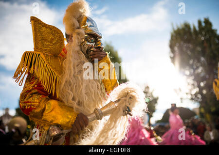 Dancers in traditional costume, Fiesta de la Virgen de la Candelaria, Copacabana, Lake Titicaca, Bolivia Stock Photo