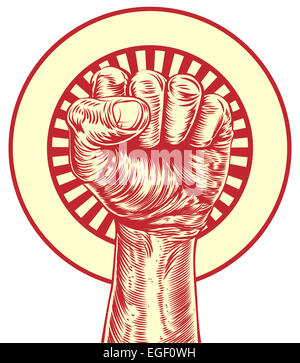 An original illustration of a fist held in the air in a vintage wood cut propaganda style Stock Photo