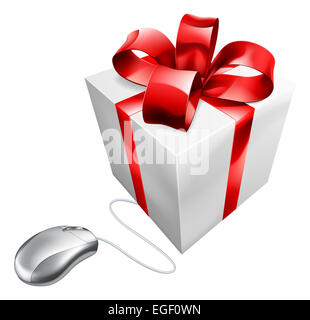 Present computer mouse online internet gift shopping concept of a computer mouse connected to a present. Could be concept for vo Stock Photo