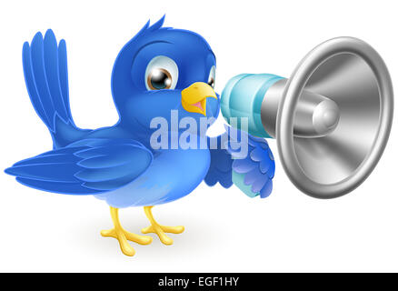 An illustration of a cartoon bluebird blue bird with a megaphone Stock Photo