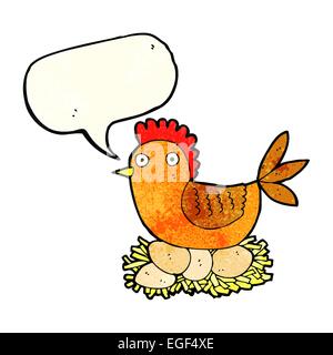 cartoon hen on eggs with speech bubble Stock Vector