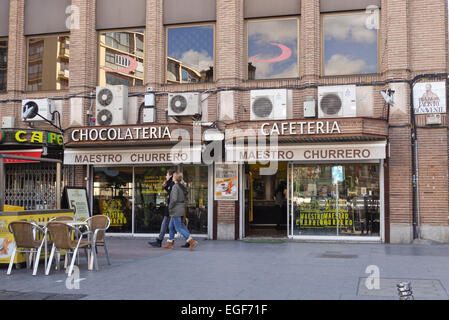Maestro Churrero Cafeteria bar, chocolateria, chocolate, churros bar, Plaza de Espana Madrid, Spain. Stock Photo