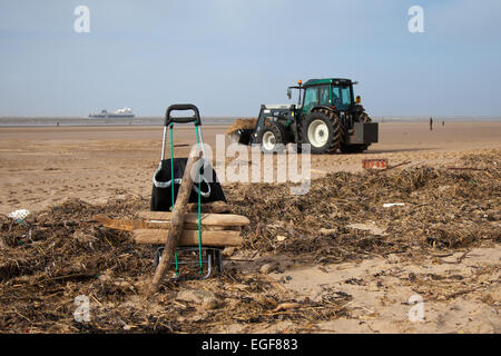 Liverpool, Merseyside, UK. 24th February, 2015.   UK Weather: Council Tractor in deep sand at Crosby Beach after the Storm.  Crosby Beach is now the permanent home to ‘Another Place’, the sculpture by internationally acclaimed artist, Antony Gormley. The beach has been awarded the Quality Coast Award by Keep Britain Tidy. The QCA award tells visitors that the standards of beach management are of the highest quality in the UK.  Credit:  Mar Photographics/17�Թ����� Live News Stock Photo