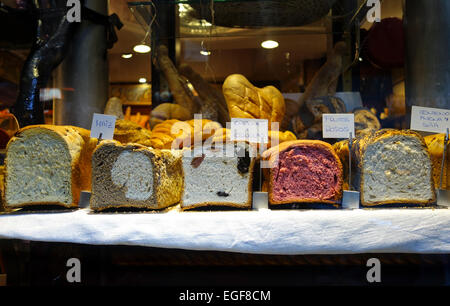 Gluten free bread in different flavors on display, Celisioso, Gluten-free bakery in Madrid, Spain Stock Photo