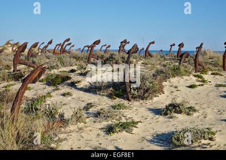 Anchor cemetery in the beach Praia do Barril. Tavira, Algarve, Portugal Stock Photo