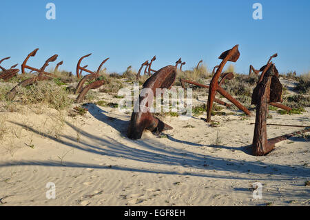 Anchor cemetery in the beach Praia do Barril. Tavira, Algarve, Portugal Stock Photo