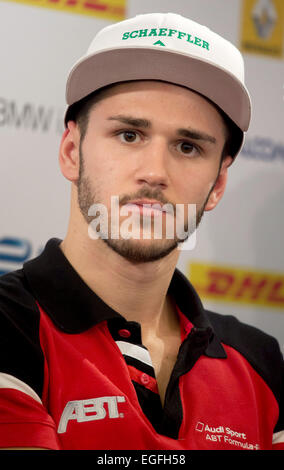 Berlin, Germany. 24th Feb, 2015. German racecar driver Daniel Abt from the Audi Sport ABT Team gives a press conference on a Formula E racing series race at the airport in May 2015 at the Tempelhof Airport in Berlin, Germany, 24 February 2015. Credit:  dpa picture alliance/Alamy Live News Stock Photo