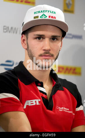 Berlin, Germany. 24th Feb, 2015. German racecar driver Daniel Abt from the Audi Sport ABT Team gives a press conference on a Formula E racing series race at the airport in May 2015 at the Tempelhof Airport in Berlin, Germany, 24 February 2015. Credit:  dpa picture alliance/Alamy Live News Stock Photo