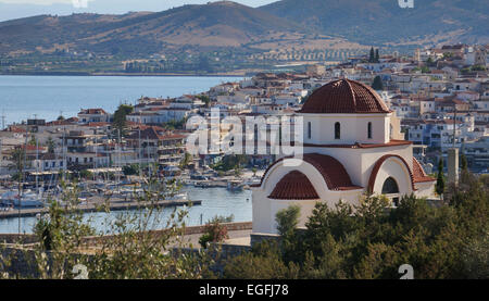Church overlooking town of Ermioni, Argolida, Peloponnese, Greece, Europe Stock Photo