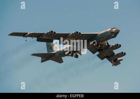 A B-52H Stratofortress strategic bomber takes off after being taken out of long term storage February 13, 2015 at Davis-Monthan Air Force Base, Arizona. The aircraft was decommissioned in 2008 and has spent the last seven years sitting in the “Boneyard,” but was selected to be returned to active status and will eventually rejoin the B-52 fleet. Stock Photo