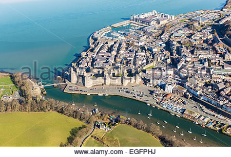 aerial view of Caernarfon Castle and town, north wales Stock Photo