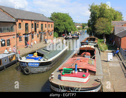 It's not often nowadays that you'll see four Leeds and Liverpool canal old working boats in one place. Stock Photo