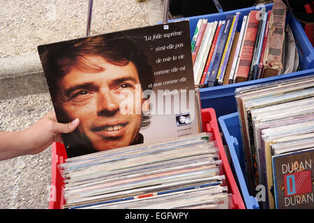 FRANCE - JULY 2014  LP record of the Belgian singer-songwriter Jacques Brel on a flea market in France Stock Photo