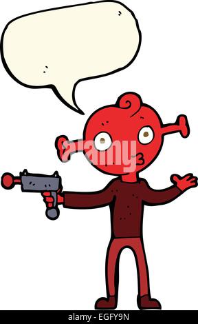 cartoon alien with ray gun with speech bubble Stock Vector