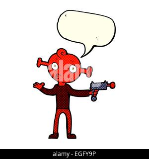 cartoon alien with ray gun with speech bubble Stock Vector