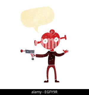 cartoon alien with ray gun with speech bubble Stock Vector