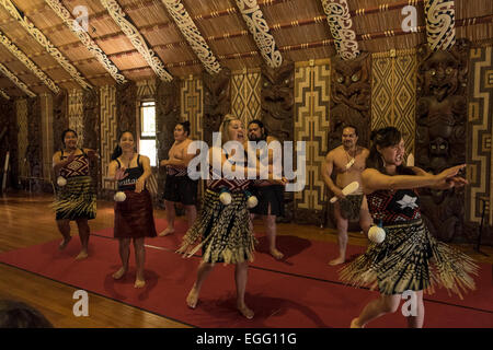 Te Pitowhenua group of performers act a traditional Maori shoe of song and dance for tourists and visitors at the Waitangi treat Stock Photo