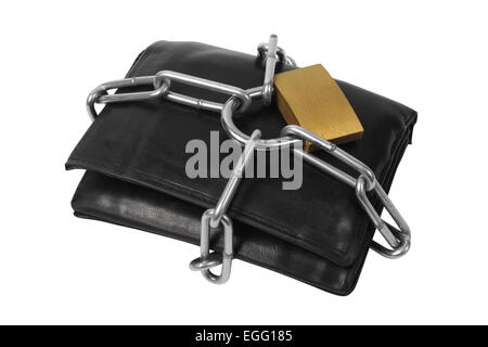 Wallet in chains and padlock on white background Stock Photo