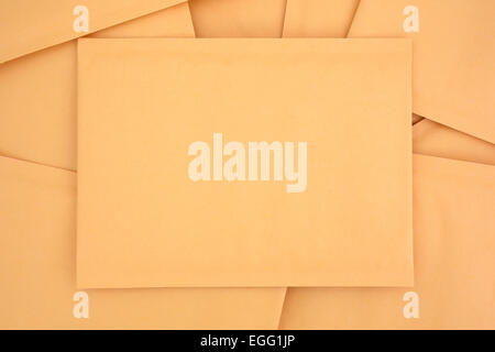 Top view of a group of blank manila padded mailing envelopes. Stock Photo