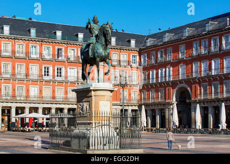 Spain, Madrid, Plaza Mayor, Statue King Philips II Stock Photo