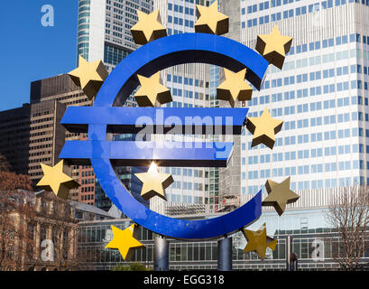 The Euro sign outside the European Central Bank headquarters in Frankfurt. Stock Photo