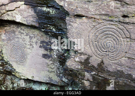 'Rocky Valley' rock carvings, labyrinth petroglyphs, Cornwall, England, UK Stock Photo