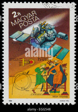 HUNGARY - CIRCA 1986: Stamp printed in Hungary, shows Halley's Comet, USSR Vega, Bayeaux tapestry detail, circa 1986 Stock Photo