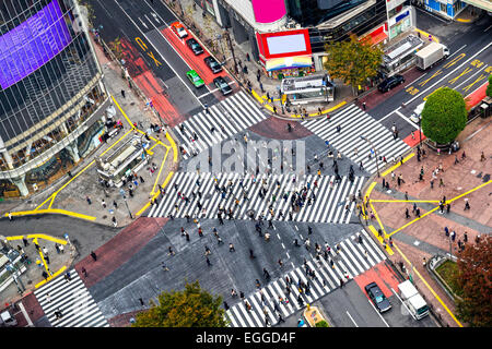 View of Shibuya Crossing, one of the busiest crosswalks in the world. Tokyo, Japan. Stock Photo