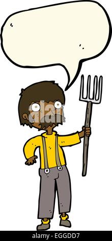 cartoon farmer with pitchfork with speech bubble Stock Vector