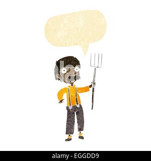 cartoon farmer with pitchfork with speech bubble Stock Vector