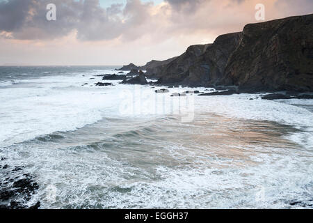 Atlantic Ocean waves, cliffs and rocky coast, 'Hartland Quay', Devon, England, UK Stock Photo