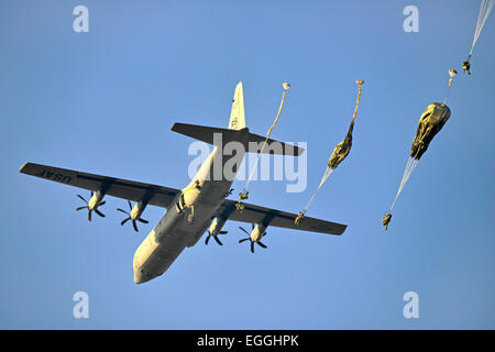 US Army paratroopers with the 173rd Airborne Brigade parachute jump from a  C-130 Hercules aircraft during an airborne training operation February 19, 2015 in Pordenone, Italy. Stock Photo