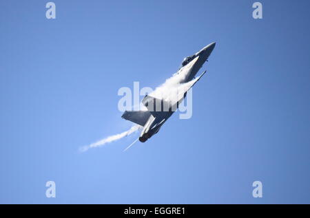ROME - JUNE 28: A F-18 Hornet of the Swiss Air Force performs at the Rome International Air Show on June 28, 2014 in Rome, Italy Stock Photo