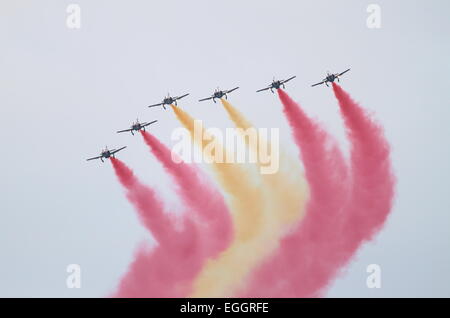 ROME - JUNE 29: The spanish acrobatic team Patrulla Aguila perform at the Rome International Air Show on June 29, 2014 in Rome, Stock Photo