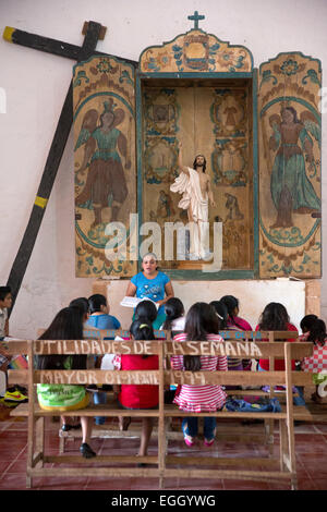 Religious instruction at the 18th century  Catholic church of San Mateo in Santa Elana, Yucatan, Mexico Stock Photo