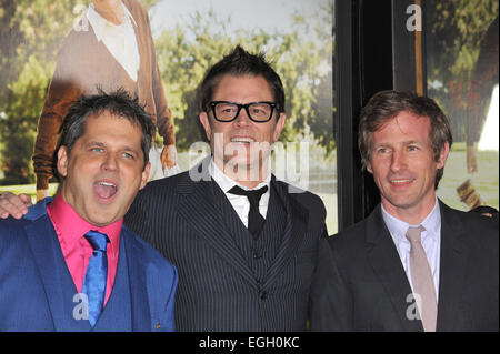 LOS ANGELES, CA - OCTOBER 23, 2013: Director Jeff Tremaine (left), Johnny Knoxville & Spike Jonze at the premiere of their movie 'Jackass Presents: Bad Grandpa' at the TCL Chinese Theatre, Hollywood. Stock Photo