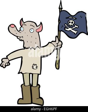 cartoon wolf man waving pirate flag Stock Vector