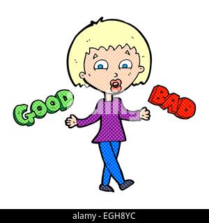 cartoon woman weighing up good and bad options Stock Vector