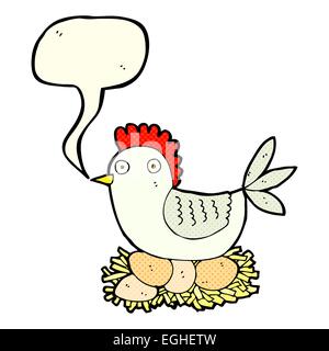 cartoon hen on eggs with speech bubble Stock Vector