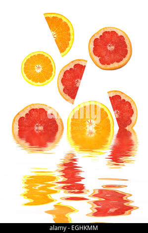 Orange slices and grapefruit slices with reflections in water Stock Photo