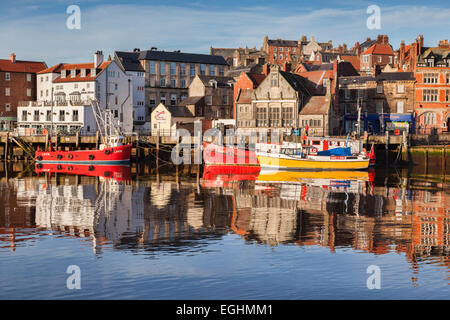 Whitby Harbour, North Yorkshire, England, UK, on a sunny winter morning. Stock Photo