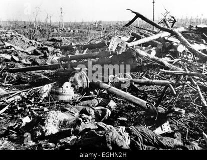 A Nazi propaganda picture shows shows dead Red Army soldiers and a destroyed and an anti-tank gun after an attack of the German Wehrmacht on the Narva Front during World War II in April 1944. Fotoarchiv für Zeitgeschichtee - NO WIRE SERVICE - Stock Photo