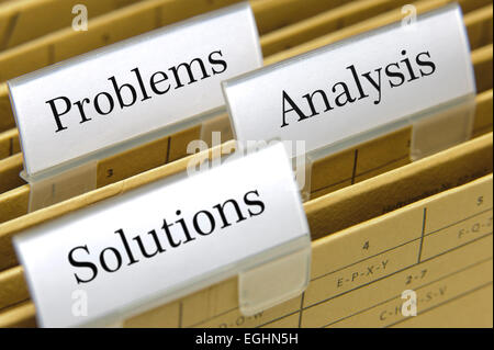 problems, analysis and solutions printed on file folder Stock Photo