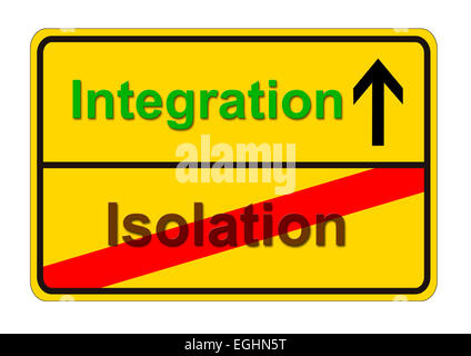 german traffic sign shows the way from isolation to integration Stock Photo