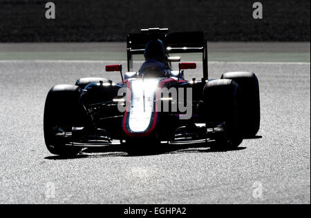 Silhouette of a Formula 1 racecar, McLaren Honda MP4-30, Formula 1 testing sessions, Circuit de Catalunya Stock Photo